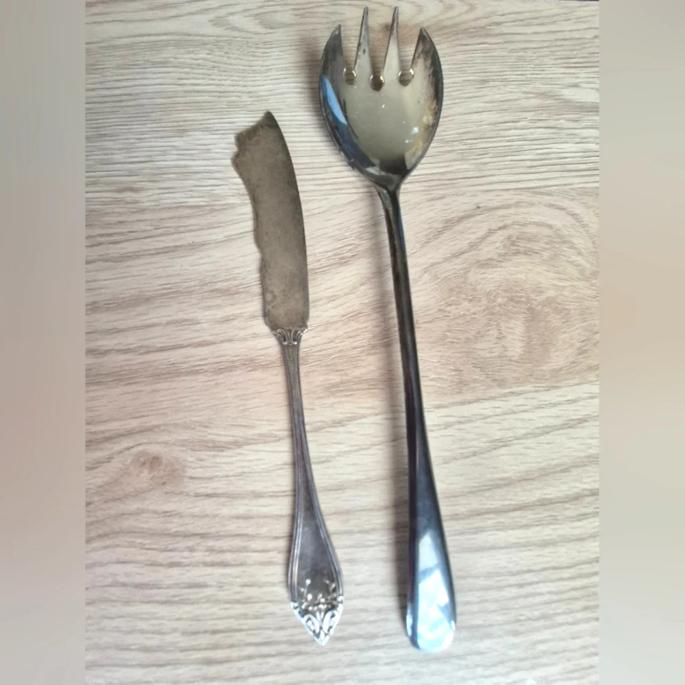Vintage Silverplate Serving Salad Fork&Antique 1911 Silver Rose Butter Knife
